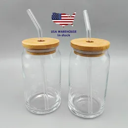 USA CA Warehouse 500ML 16Oz透明な透明なLibbeyアイスコーヒービールグラス缶のようなタンブラーカップと竹のふたとガラスのストロー