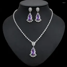 Halsbandörhängen Set Luxury Cubic Zirconia Jewelry Water Drop Pendant and Earring for Bridal Wedding Accessories Party Gift