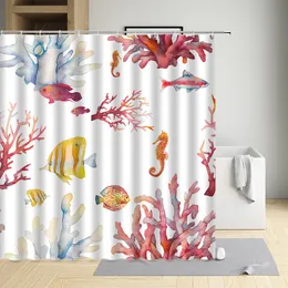 Tandborstehållare Cartoons Coral Creative Shower Curtain Fish Hippocampus Modern Egofriendly Fabric Polyester Cloth Bathtub Decor Bath Screen 230809