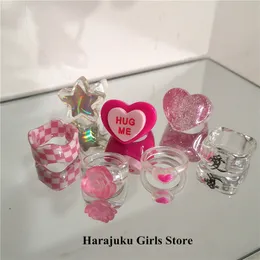 Bröllopsringar kpop söt goth rosa transparent blommor hjärtstjärna harts akrylringar set för kvinnor egirl bff y2k estetiska smycken tillbehör 230808