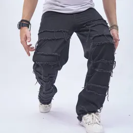 Mäns jeans män hip hop stilig rippad lapp lösa byxor streetwear manlig rak casual denim byxor