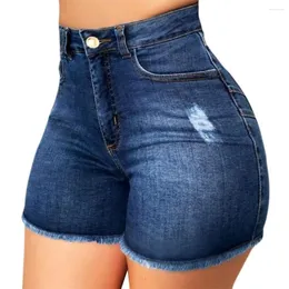 Kvinnors shorts kvinnor rippade jeans trasiga denim rak hög midjan nödställda tvättade smala passformar hållbar sommar