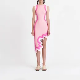 도시 섹시한 드레스 그라디언트 불규칙한 Y2K 파도 가장자리 니트 드레스 여름 섹시한 허리 슬림 핑크 민소매 패키지 고관절 여자 드레스 230808