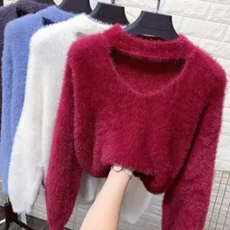 Camisolas femininas outono e inverno moda suéter coreano pulôver cor sólida cavalo peludo solto senhora engrossado fundo q704