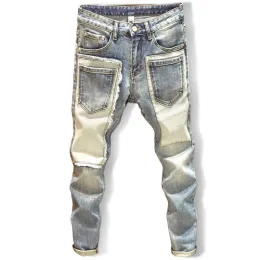 Homens Jeans Jeans Straight Hole Jeans Europa e América Classic Old Vários bolsos Calças Pantalones Streetwear Cargo Pants