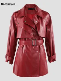 Kvinnors dikerockar Nerazzurri Spring Autumn Luxury Elegant Chic Soft Wine Red Faux Leather Trench Coat for Women Belt High Quality Clothing 230808