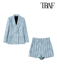 Women's Suits Blazers TRAF Women Fashion Tweed Double Breasted Blazer Coat And High Waist Zipper Fly Shorts Female Two Piece Sets Mujer 230808