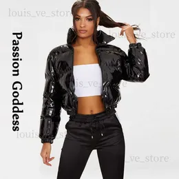 쿨 여성 반짝이 가죽 다운 재킷 블랙 핑크 PVC 짧은 폭격기 복사 재킷 밝은 pu 자른 파카 다운 버블 코트 xxl t230809