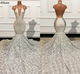 Vackra silver 3D Rose Flowers spetsarmaid prom klänningar arabiska aso ebi halter slim och flare kvinnor formella festklänningar sexig backless lång aftonklänning cl2687