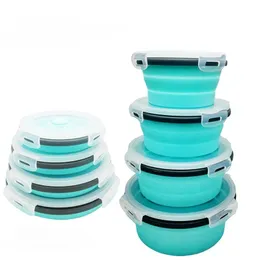 Conjunto de lancheiras redondas de silicone dobráveis para microondas recipiente de comida portátil tigela salada lanche com tampa CF 103 230808
