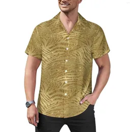 Mäns casual skjortor glittrande tiger tryck skjorta guld glitter ränder strand lösa hawaii streetwear blusar kortärmad överdimensionerade kläder
