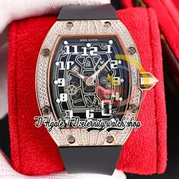 ZYF 67-01 Relógio Mecânico Automático Masculino Ouro Rosa Aço Diamantes Caixa Estampada Mostrador Esqueleto Marcadores de Números Pulseira de Borracha Preta Eternidade Relógios Herrenuhr Reloj
