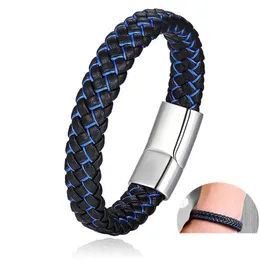 Charm Bracelets Mens Trendy Genuine Leather Mtilayer Blue Black Braided Rope Handmade Stainless Steel Buckle Wrap Bangle Diy Jewelry D Dhpki