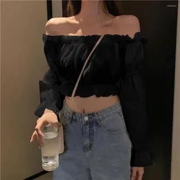 Yoga Outfit Women Top Sexy Blouse Off Shoulder Long Sleeve Club Party White Shirt Puff Ruffle Tunic Crop Summer Tube S-2XL