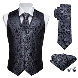Men's Vests Designer Mens Classic Black Paisley Jacquard Folral Silk Waistcoat Vests Handkerchief Tie Vest Suit Pocket Square Set Barry.Wang 230808