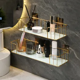 Storage Holders Racks Imitation Marble Glass And Metal Shelf Bathroom Towel WallFree Punching Shower Rack Accessories 230809
