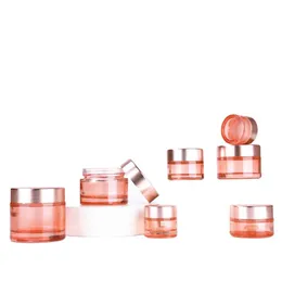 Rosa Glas-Gesichtscremetiegel, leere dicke Glasflasche, kosmetischer Cremetiegel, nachfüllbarer Reisebehälter mit roségoldenem Deckel und Inneneinlagen, 5 g, 10 g, 15 g, 20 g, 30 g, 50 g, 60 g, 100 g