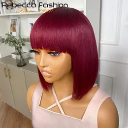 Synthetic Wigs 99J Colored Short 180D Straight Brazilian Human Hair Bob Wigs with Bangs Remy Full Machine Made for Women Hightlight Burgundy 230808