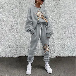 Women's Hoodies 2 Piece Set Autumn Sports Suit Long Sleeve Sweatshirts And Pants Spring Grey Giraffe Print Pullover Tracksuits