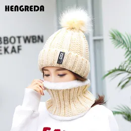 Gorro/Borros de Caveira Feminino Conjunto de Boné de Malha de Inverno com Pom de Pele Falsa e Aquecedor de Pescoço com Forro de Lã Grosso Gorros Macios para Meninas 230809