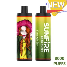 Partihandel Sunfire 8000 Puffs-enheter E-cigarett Laddningsbar lungsugning Disponerbar VAPE PEN 18 ml Förordnad 600mAh Botten Justerbar luftflöde 20 30 MG WAPE