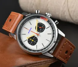 Sub Dial Work Automatic Date Men Stopwatch Watches Luxury Mens äkta läderband Quartz Movement Clock Högkvalitativ Lumious Super Bright Wristwatch Day -gåvor