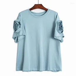 Women's T Shirts 220239 Women Blue Three-dimensional Flower Casual T-shirt Round Neck Short Sleeve Loose Simple Design Fashion Tide Summer