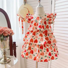 Girl's Dresses gaun wanita kasual gaun pesta anak-anak musim panas gaun kue putri motif cinta pakaian anak-anak dengan pakaian topi Vestidos