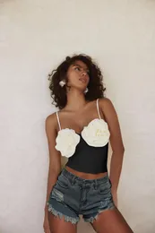 Regatas femininas moda chique verão camisola cor contrastante 3D flor alça espaguete decote em V sem costas slim display umbigo regatas