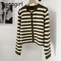Womens Knits Tees Donegirl Women Autumn Striped Knitted Sweater Causal Simple Single Row Button Cardigans Short Coat Female Tops Chic 230808
