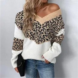 Kvinnors tröjor överdimensionerade tröja Kvinnor Jumper Långärmad avslappnad leopardtryck Deep-V Neck Patchwork 2023 Vinter Kvinnliga kläder