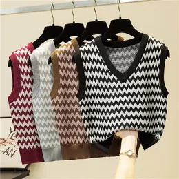 Camisolas femininas Sigutan vintage sem mangas com decote em V tricotado suéter feminino 2023 outono inverno senhoras solto casual listrado regata