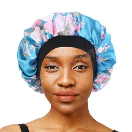 Damen-Satin-Mütze, bedruckt, elastisches breites Band, Nachtschlafmütze, Damen, seidige Haarabdeckung, Kopfwickel, Chemo-Kappe, lockige, federnde Motorhaube