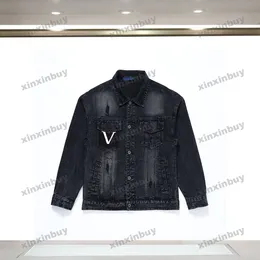 xinxinbuy Men designer Coat Jacket destroyed letter PATCH denim long sleeve women blue red green white XS-2XL