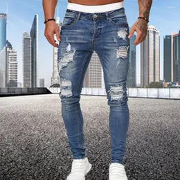 Herr jeans 2023 mager rippade mode rutnät lappar smala passande stretch casual denim blyertsbyxor sport jogging byxor svart