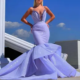Sparkly Lilac Evening Dresses Sexy Spaghetti Straps Middle East Mermaid Prom Gowns 2023 African Party Guest Dresses For Women