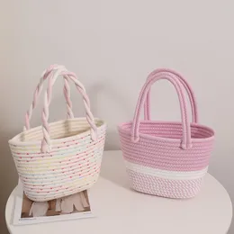 Kvällspåsar Pink Cotton Woven Bag Kvinnors crossover Designhandtag Kontrast Stripe Handbag Beach Holiday Picnic Storage Basket 230809