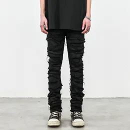 Męskie dżinsy męskie czarne chude jeanse dżinsy ciężkie zniszczenie Rieczeń dżinsy europejskie amerykańskie streetwear hip hop Slim dżinsowe spodnie dla mężczyzn 230808