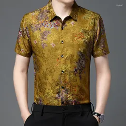 Erkekler sıradan gömlek Çin tarzı dut ipek erkek gömlek premium kısa kollu çiçek yaz kalitesi yumuşak rahat beyefendi kimyasal