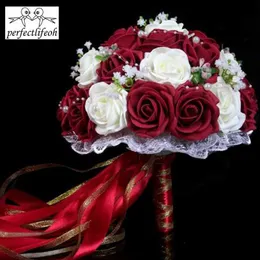 Decorative Flowers Wreaths Perfectlifeoh Burgundy Wedding Bouquet PinkRedWhiteRoyal Blue Bridal Bridesmaid Artificial Flower Rose Bride 230809