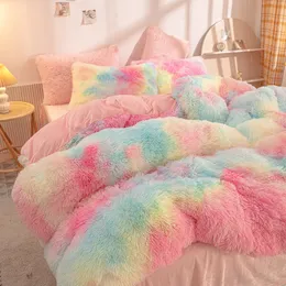 Sängkläder sätter lyx 4st Super Shaggy Soft Coral Fleece varm mysig sängkläder set Mink Velvet Däcke Cover Quilt Cover Set Bedstred Filt 230809