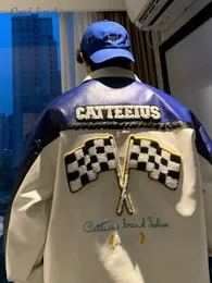 Męskie kurtki gmiixder men motocykl mundur baseballowy ponadwymiarowy amerykański vintage wyścigowy kurtka wyścigowa męska haft haftowany pu skórzany płaszcz 230808