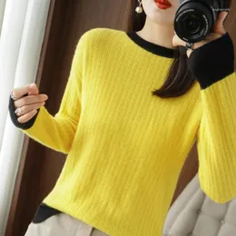 Kvinnors tröjor Beliarst Merino Wool Cashmere Sweater Crew Neck Pullover Autumn and Winter Fashion Color Contrast Tops