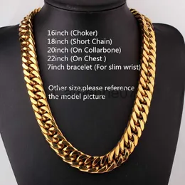Pendant Necklaces Heavy Boys Men's 10/12/14/17/19mm Gold Tone/Silver Color Stainless Steel Curb Cuban Link Chain Necklace Choker Jewelry 7-40inch J230809