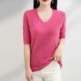 여자 스웨터 LaFarvie Spring/Summer Ladies Pullover Sultor V-Neck Half-Sleeved Knitted Cashmere Sweater Thin Casual Top