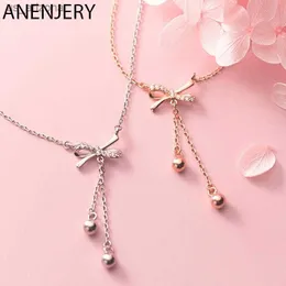 ANENJERY Silver Color Micro Cubic Zircon Bowknot Tassel Necklace for Women Bead Clavicle Chain Necklace Jewelry Gifts S-N689 L230620