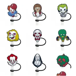 Cannucce 9Pcs/Set Halloween Horror St Toppers Er Stampi Sile Charms Per Bicchieri Tappo antipolvere riutilizzabile a prova di spruzzi Decorativo 8Mm Drop D