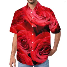 メンズカジュアルシャツレッドローズプリントブラウス男性エレガントなフローラルハワイアン半袖プリントストリートウェア特大のバケーションシャツギフト