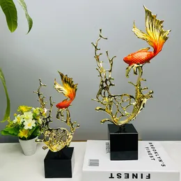 Objetos Decorativos Estatuetas Metal Artesanato Peixe Dourado Escultura Animal Artificial Oco Estatueta Dourada Peixe Carpa Acessórios para Decoração do Lar 230809