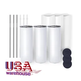 USA/CA warehouse 20oz white sublimation tumbler skinny straight stainless steel sublimation blanks tumbler with straw